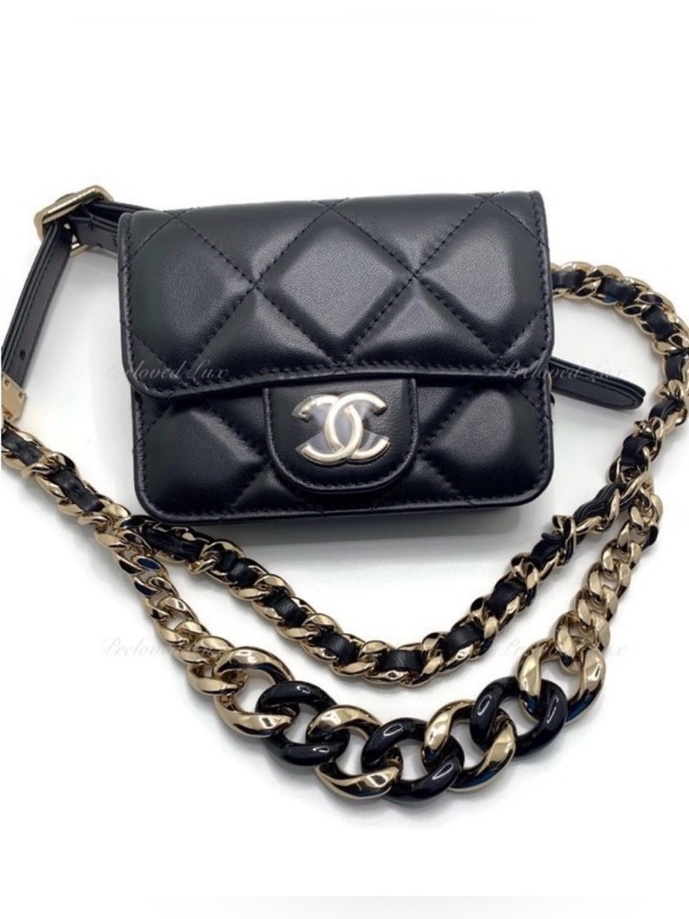 Authentic CHANEL Black Lambskin Mini Clutch Belt Waist Bag Gold Hardware